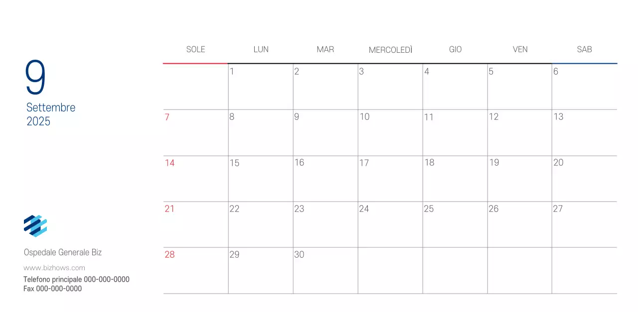 Calendario promozionale dell'ospedale semplice, bianco e blu