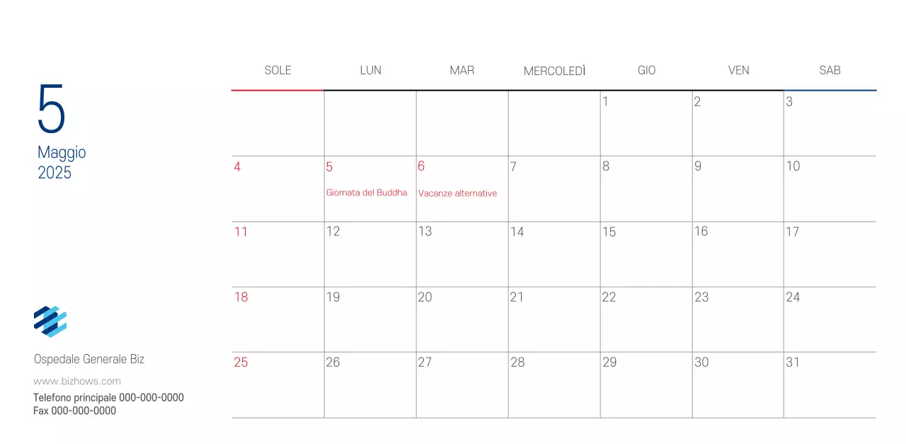 Calendario promozionale dell'ospedale semplice, bianco e blu