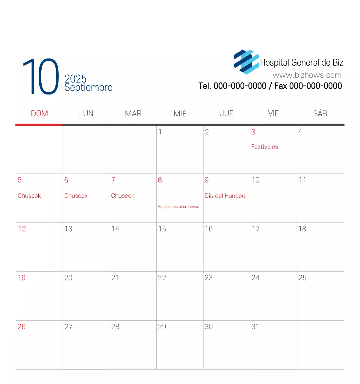 Calendario promocional Hospital Navy White Simple