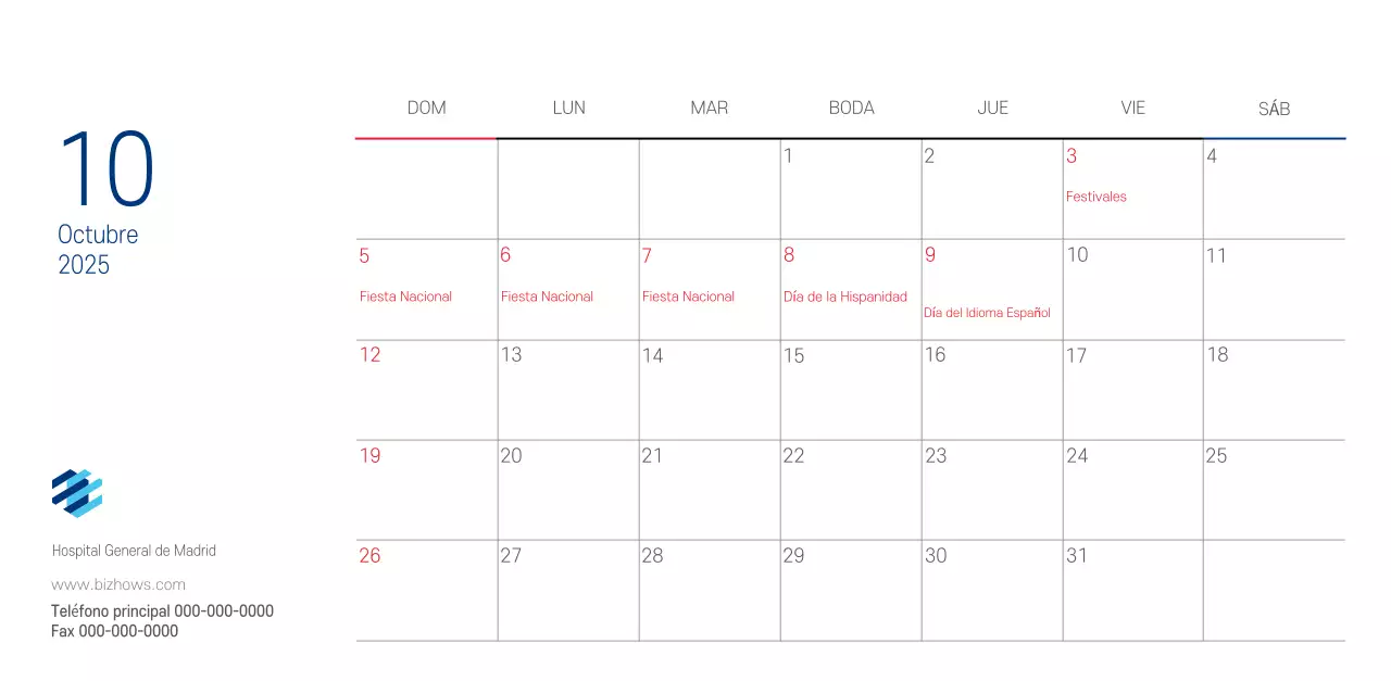 Calendario promocional Hospital Navy White Simple