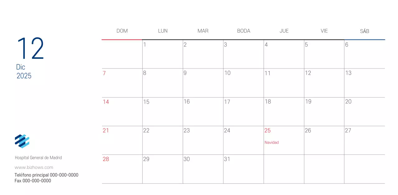 Calendario promocional Hospital Navy White Simple