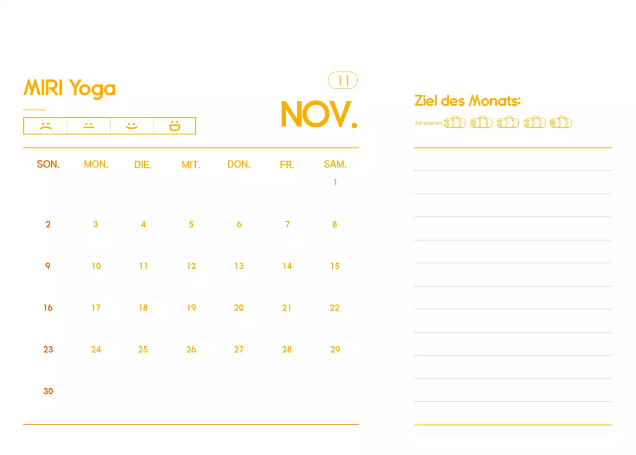 Orange Minimalistischer Yoga-Aktionskalender