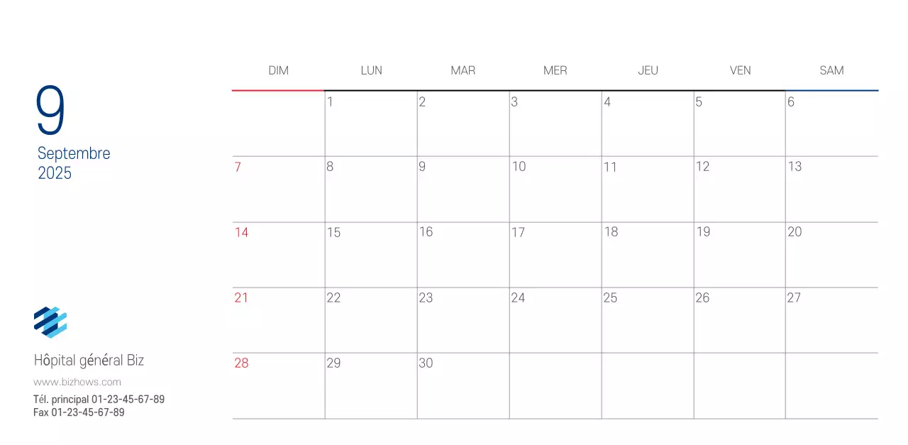 Calendrier promotionnel d'hôpital simple blanc marine