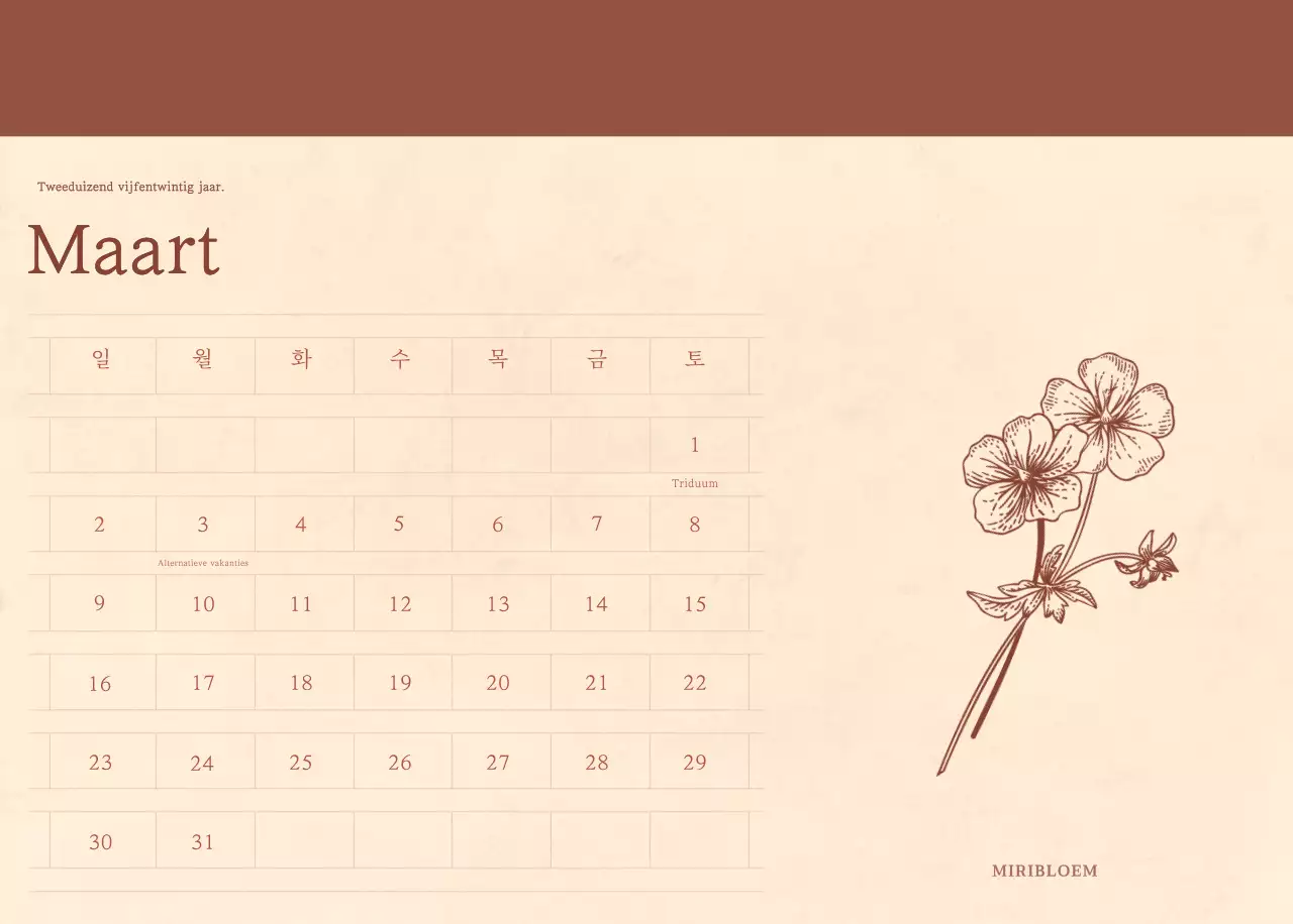 Een sentimentele bloemenkalender in lichtbruin en bruin geweven papierconcept