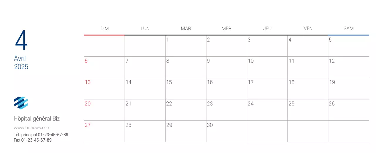 Calendrier promotionnel d'hôpital simple blanc marine