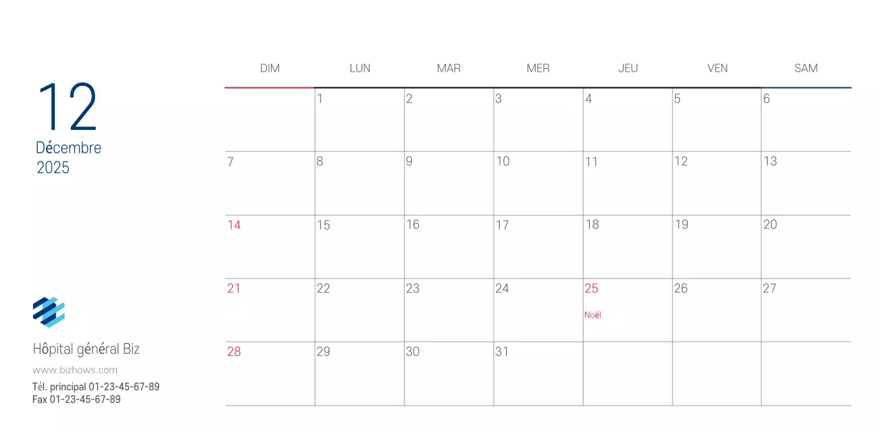 Calendrier promotionnel d'hôpital simple blanc marine