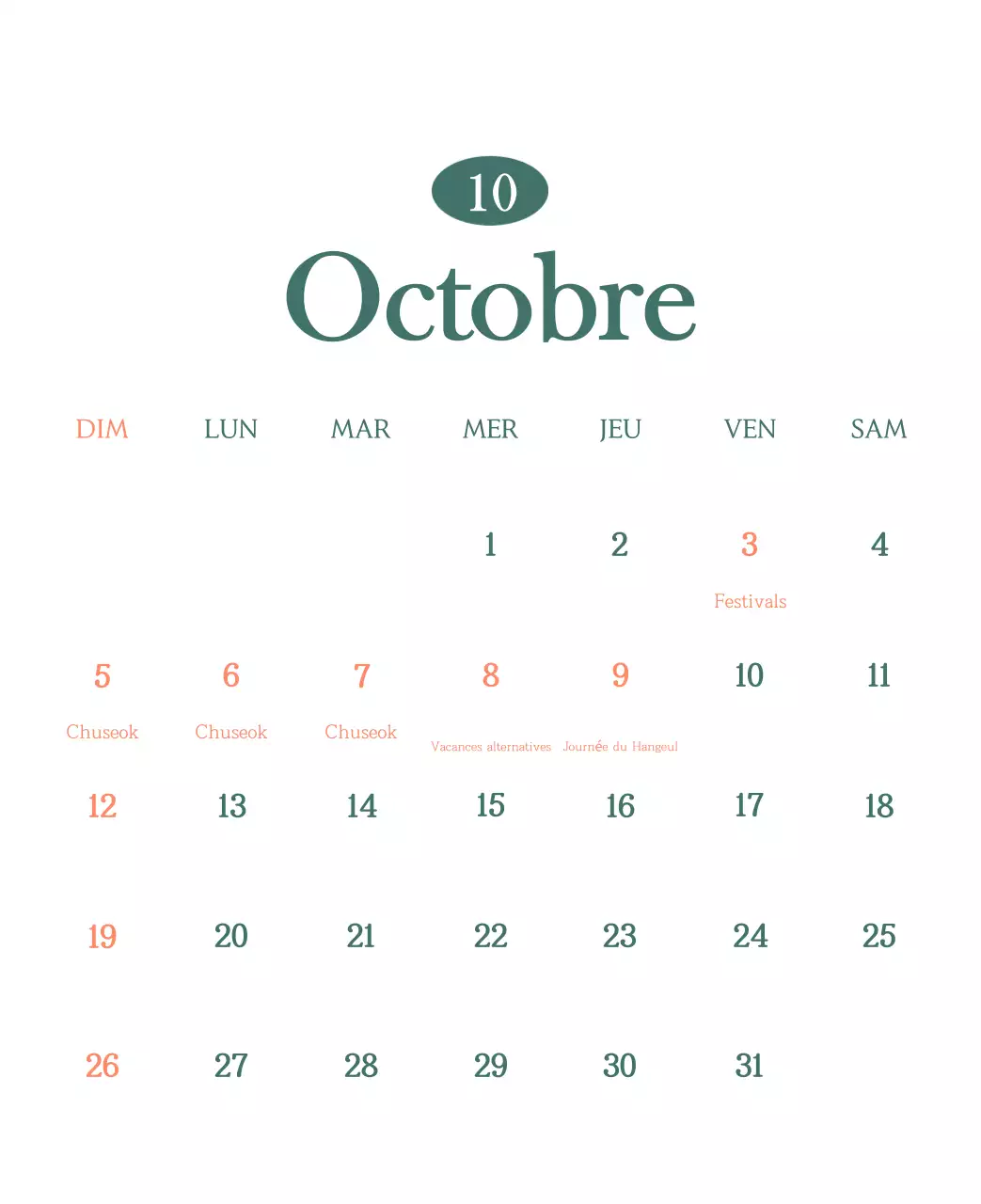 Un calendrier moderne pour les cafés avec des recommandations sur la boisson du mois.