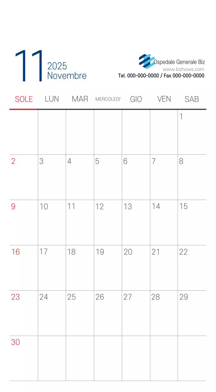 Calendario promozionale dell'ospedale semplice, bianco e blu