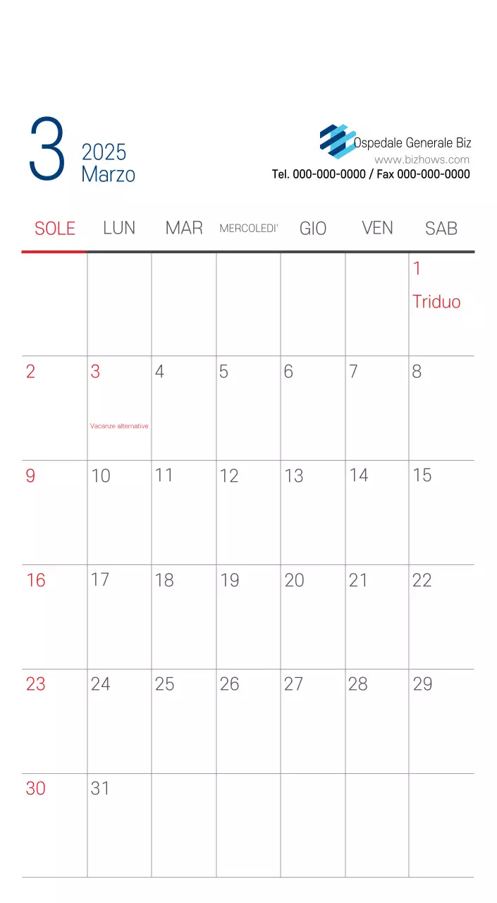 Calendario promozionale dell'ospedale semplice, bianco e blu