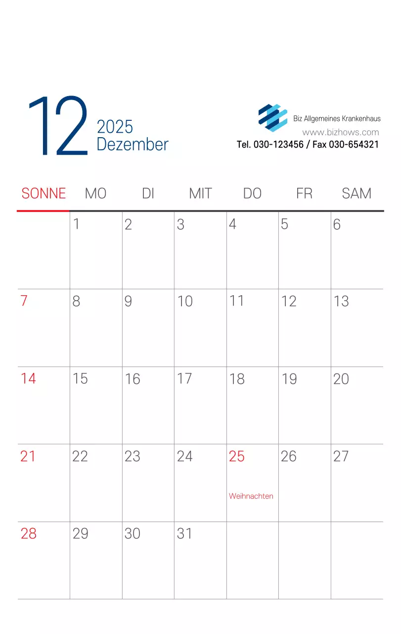 Marineblauer einfacher Krankenhaus-Werbekalender