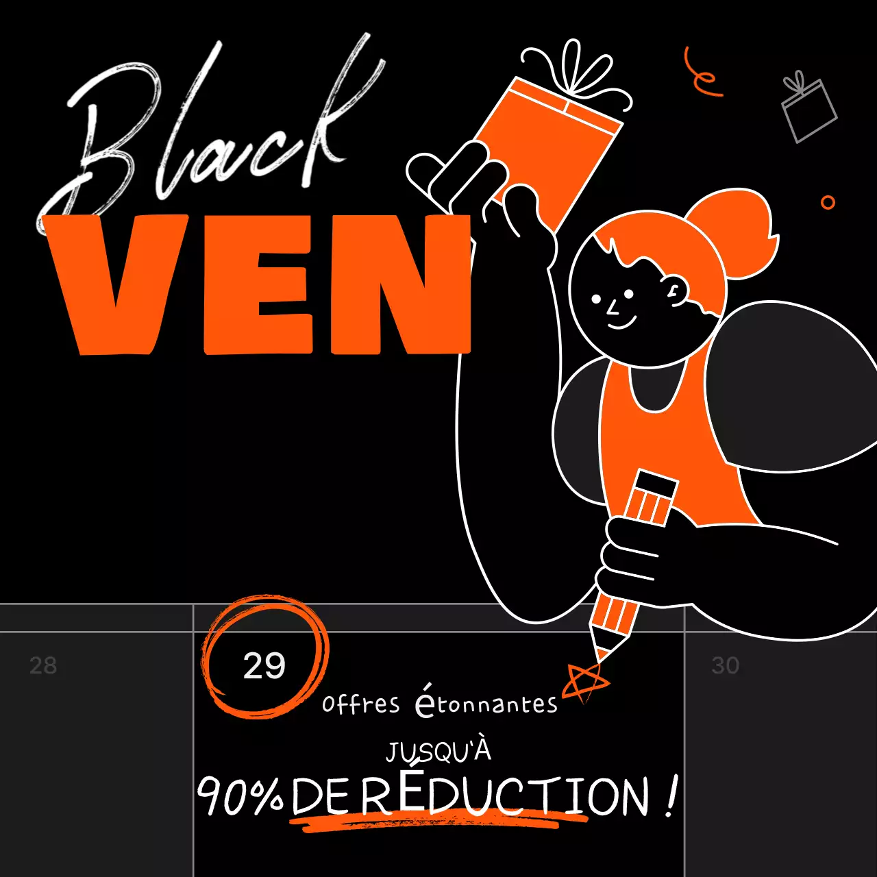 Promouvoir une vente kitsch du vendredi noir en orange et noir
