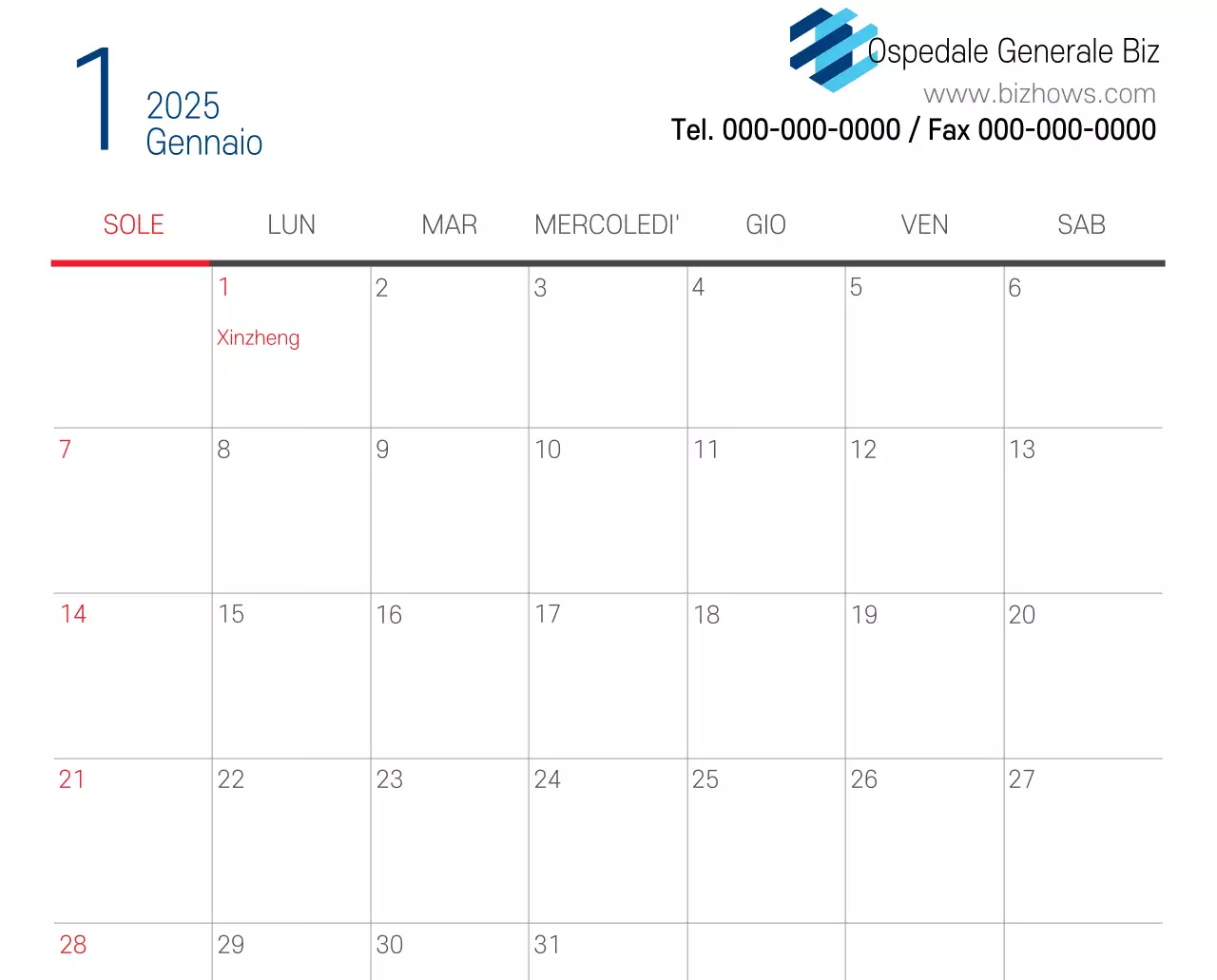 Calendario promozionale dell'ospedale semplice, bianco e blu