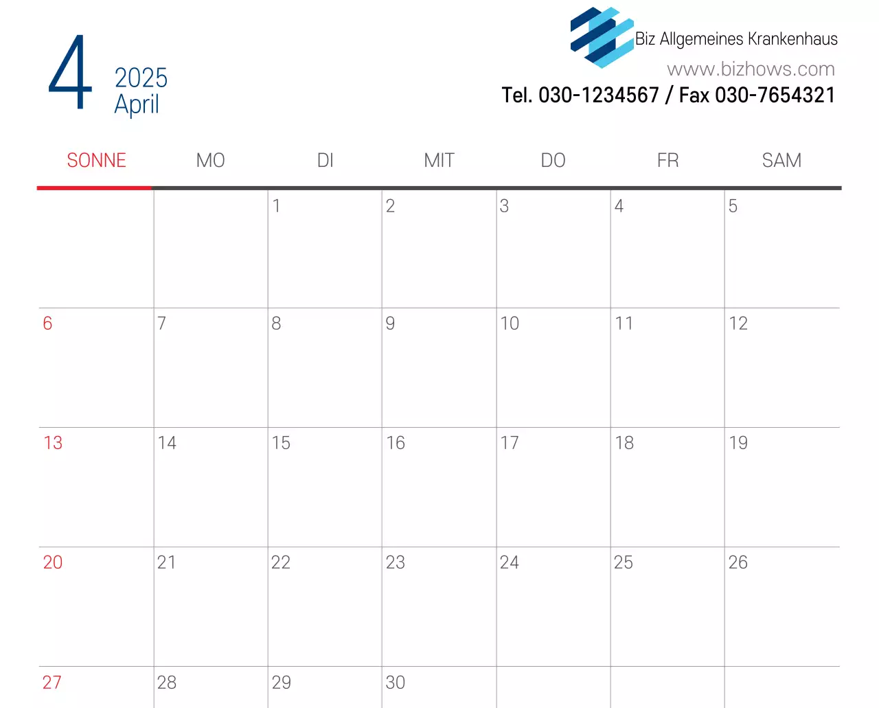 Marineblauer einfacher Krankenhaus-Werbekalender