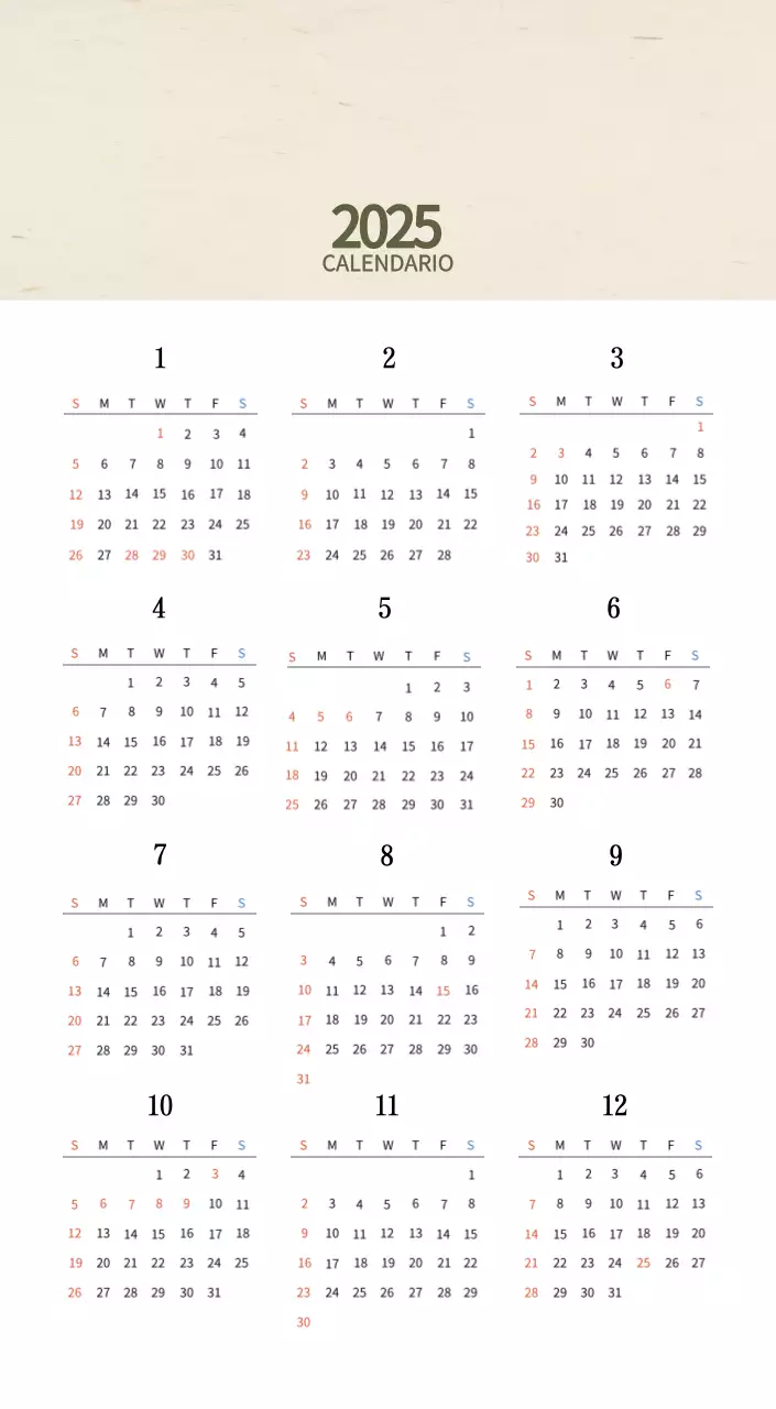 Calendario de comidas tradicionales en beige