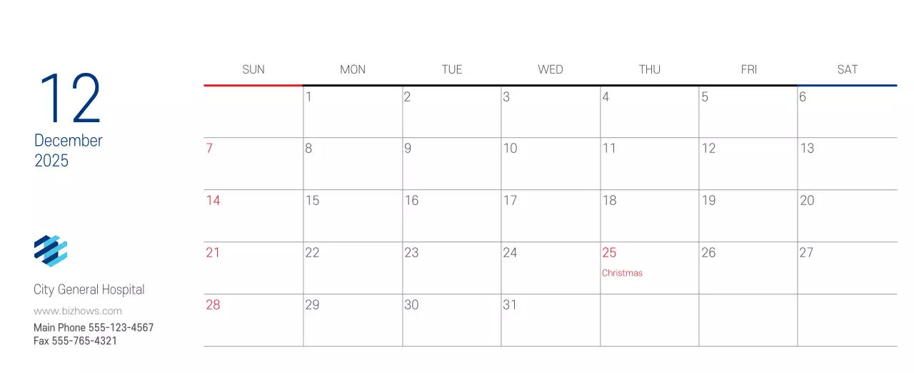 Navy White Simple Hospital Promotional Calendar