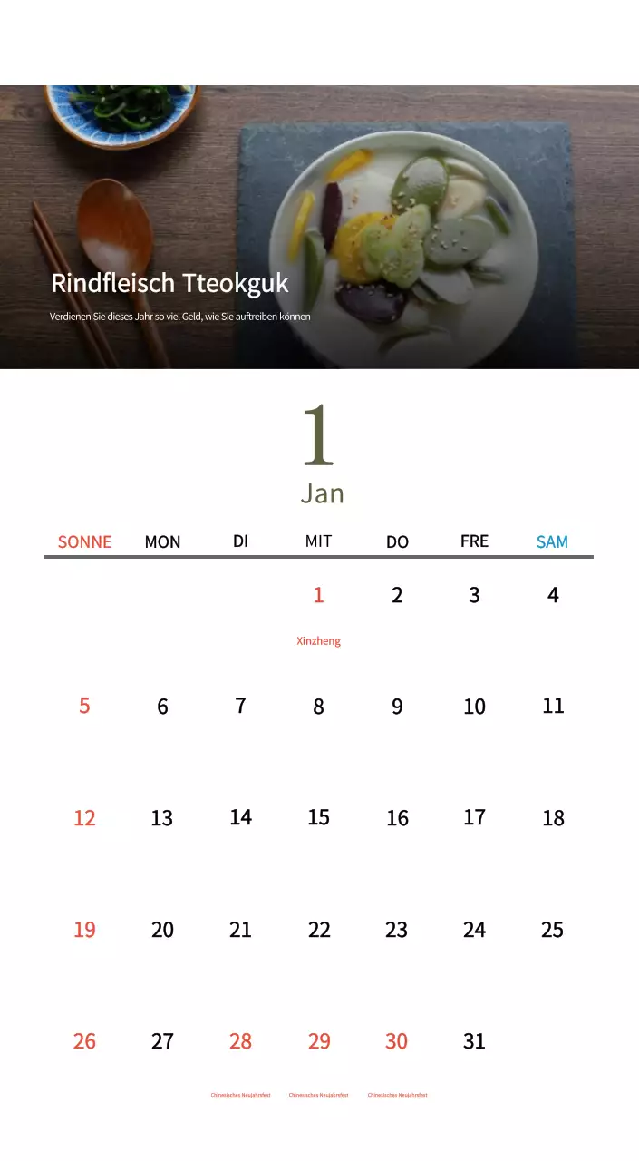 Beige Traditioneller Speisekalender