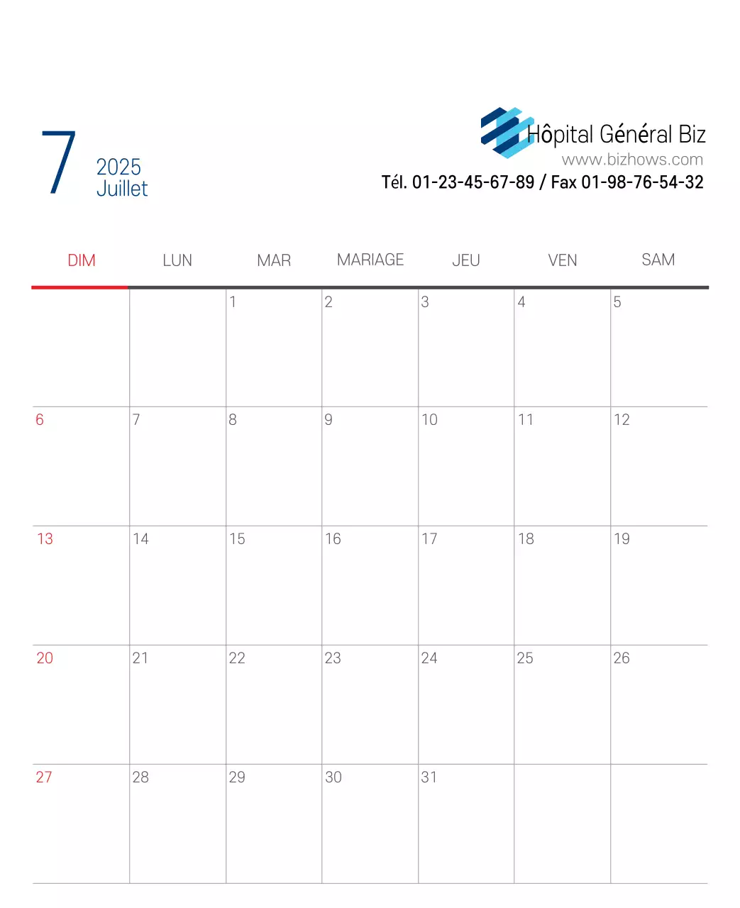 Calendrier promotionnel d'hôpital simple blanc marine