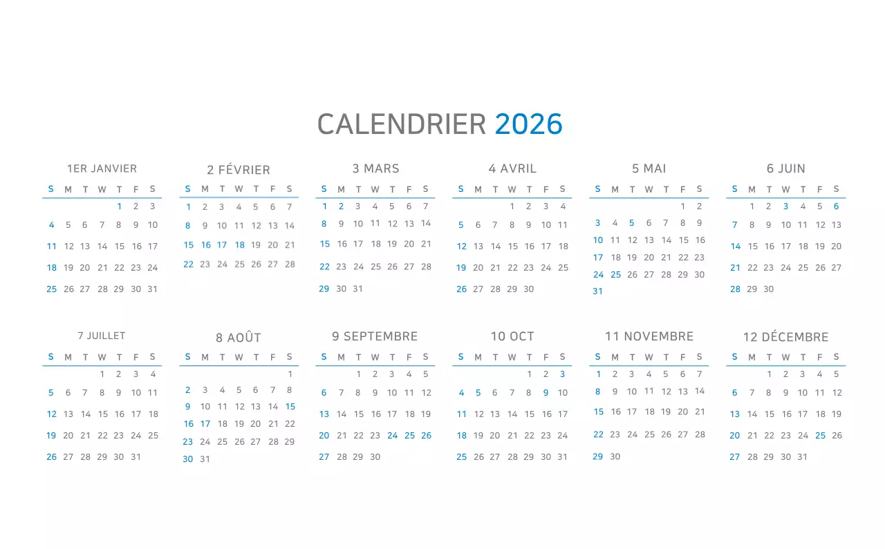 Calendrier minimaliste bleu