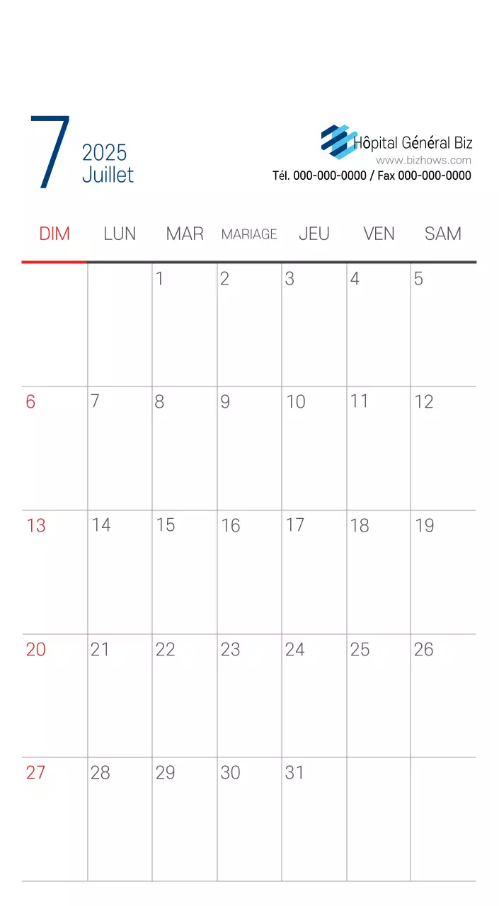 Calendrier promotionnel d'hôpital simple blanc marine