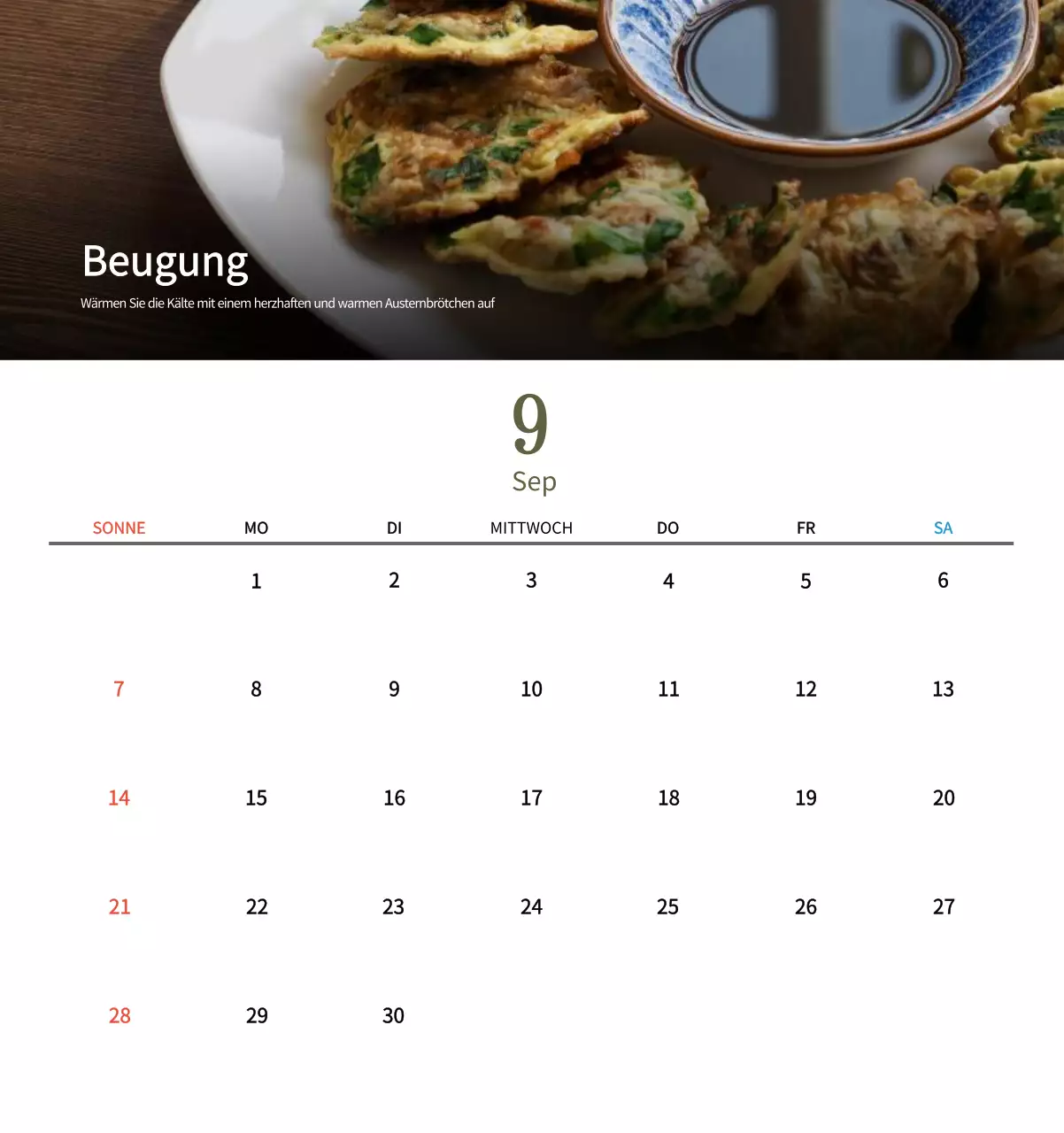 Beige Traditioneller Speisekalender