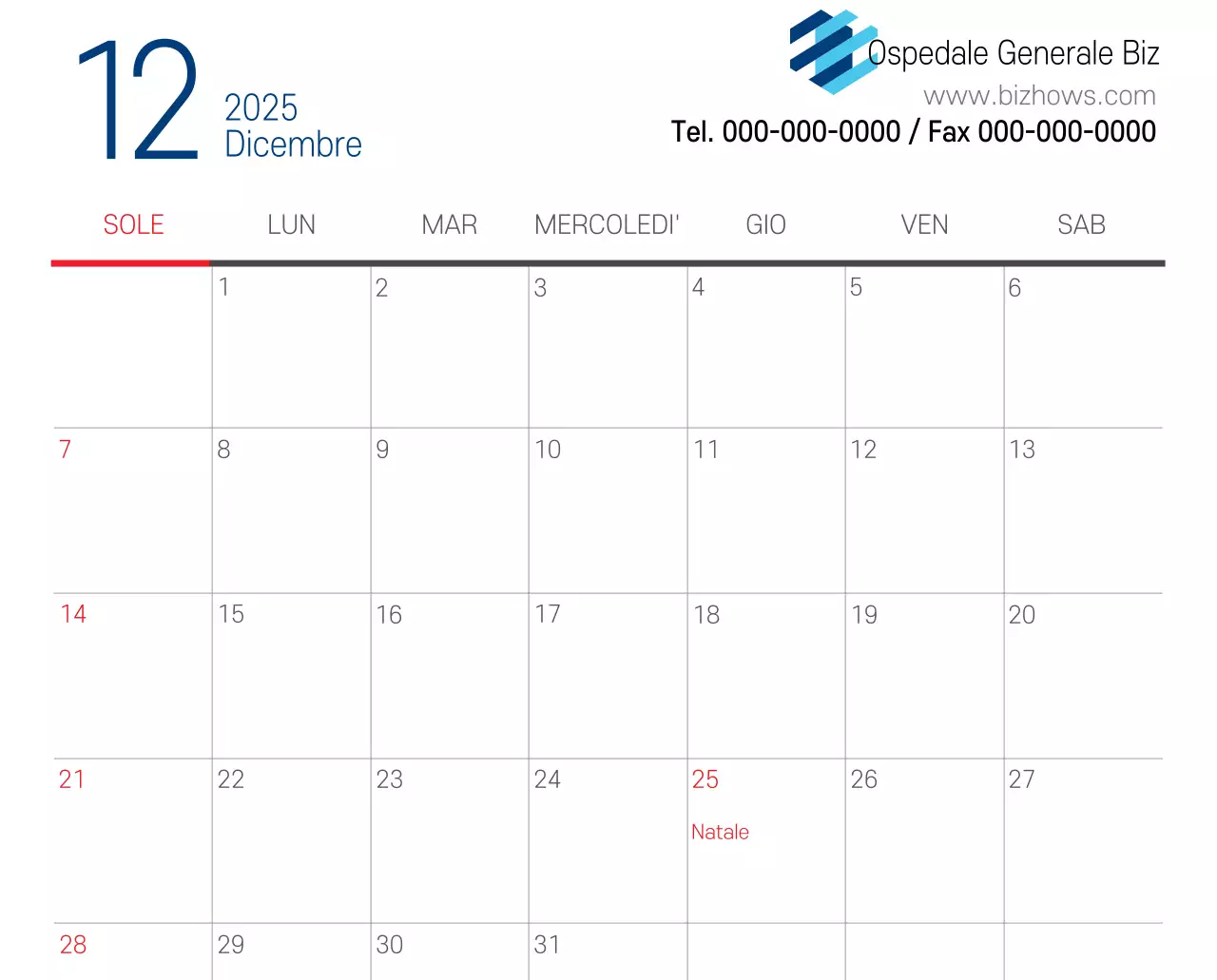 Calendario promozionale dell'ospedale semplice, bianco e blu