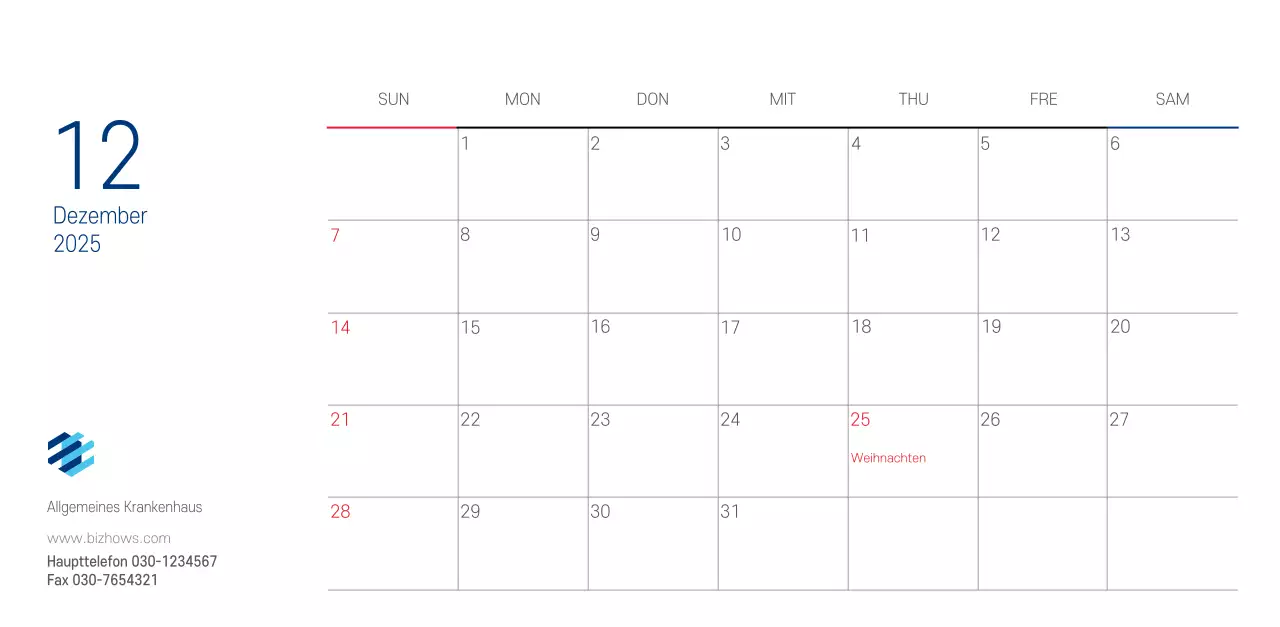 Marineblauer einfacher Krankenhaus-Werbekalender