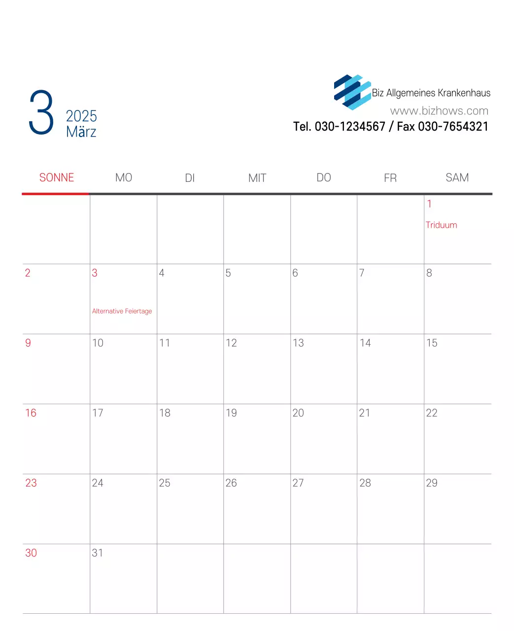 Marineblauer einfacher Krankenhaus-Werbekalender