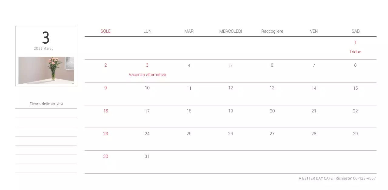 Calendario botanico naturale bianco e pulito