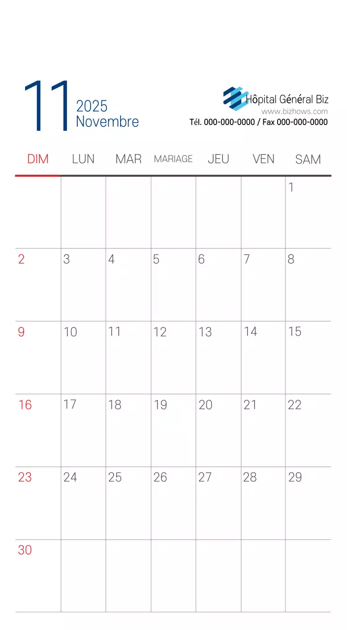 Calendrier promotionnel d'hôpital simple blanc marine