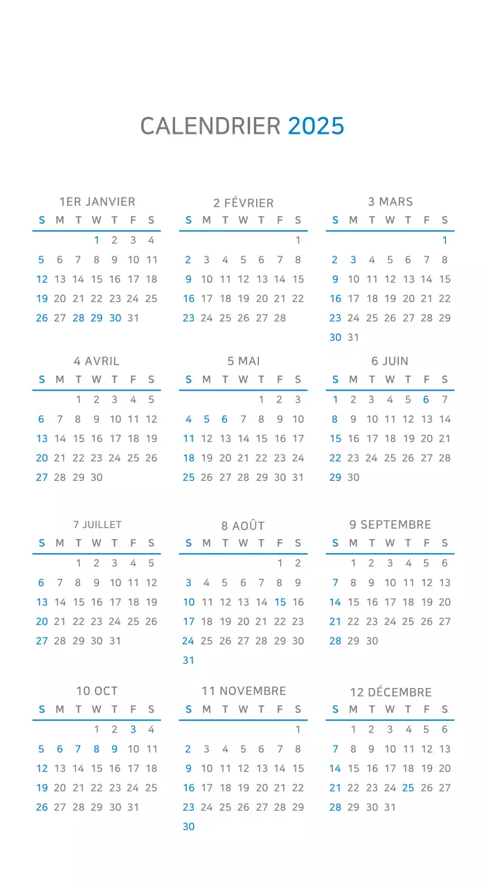 Calendrier minimaliste bleu
