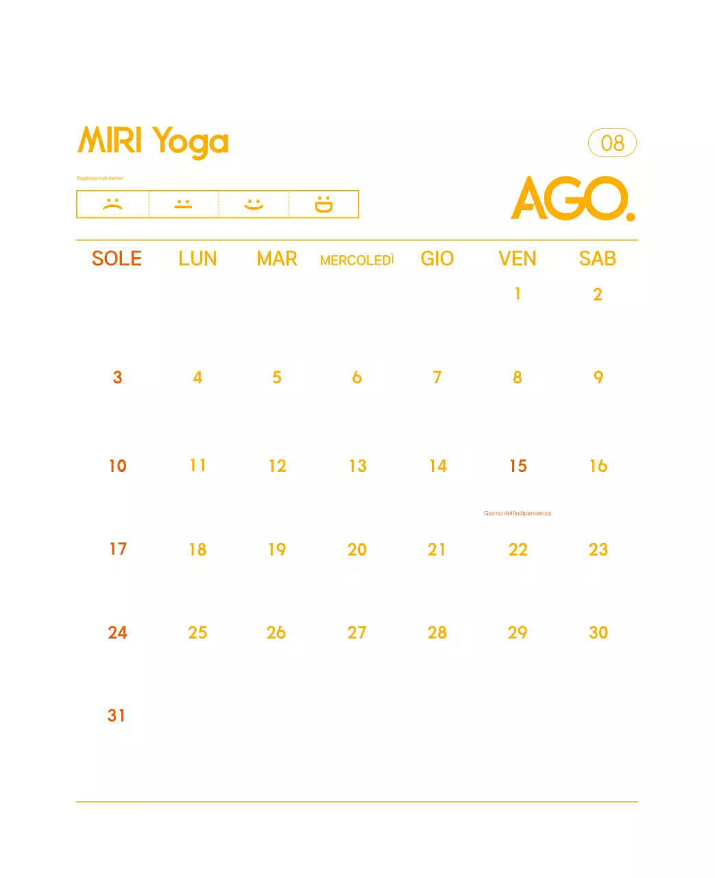 Calendario promozionale arancione dello yoga minimalista