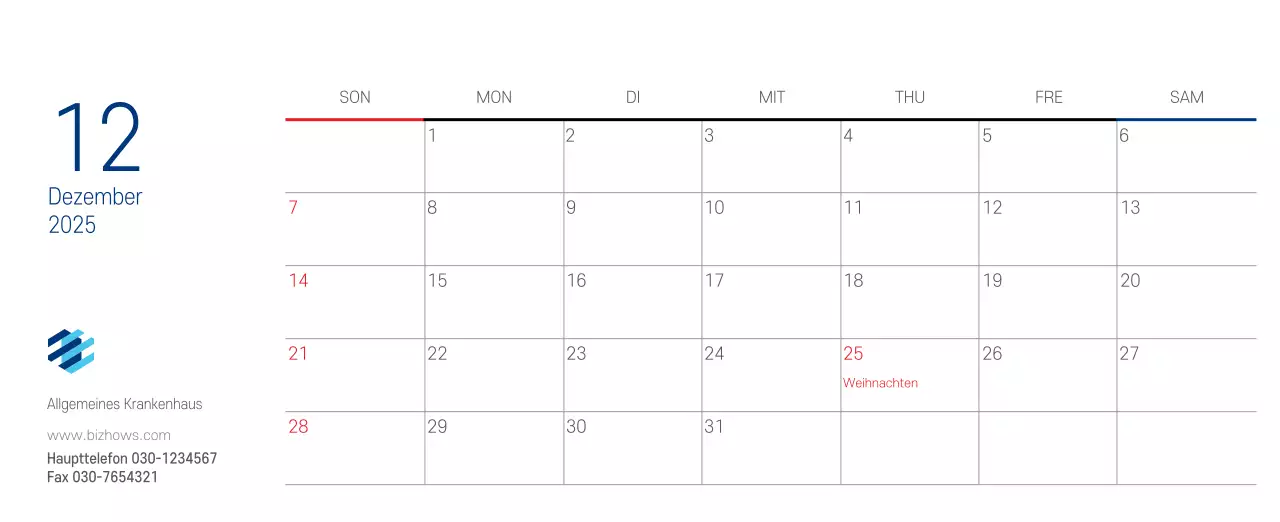 Marineblauer einfacher Krankenhaus-Werbekalender