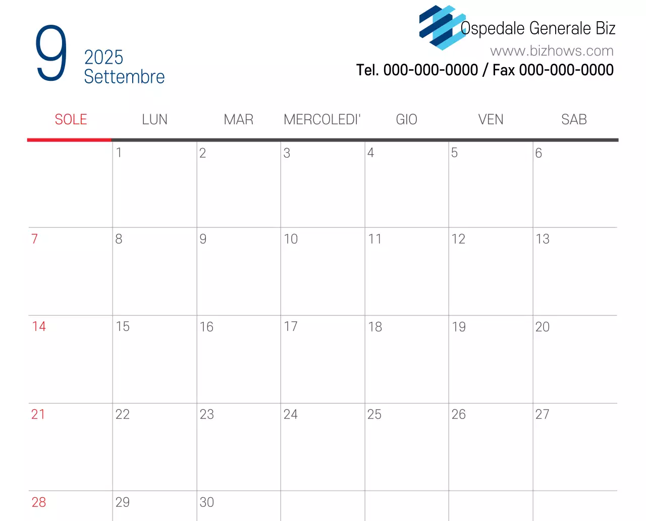 Calendario promozionale dell'ospedale semplice, bianco e blu