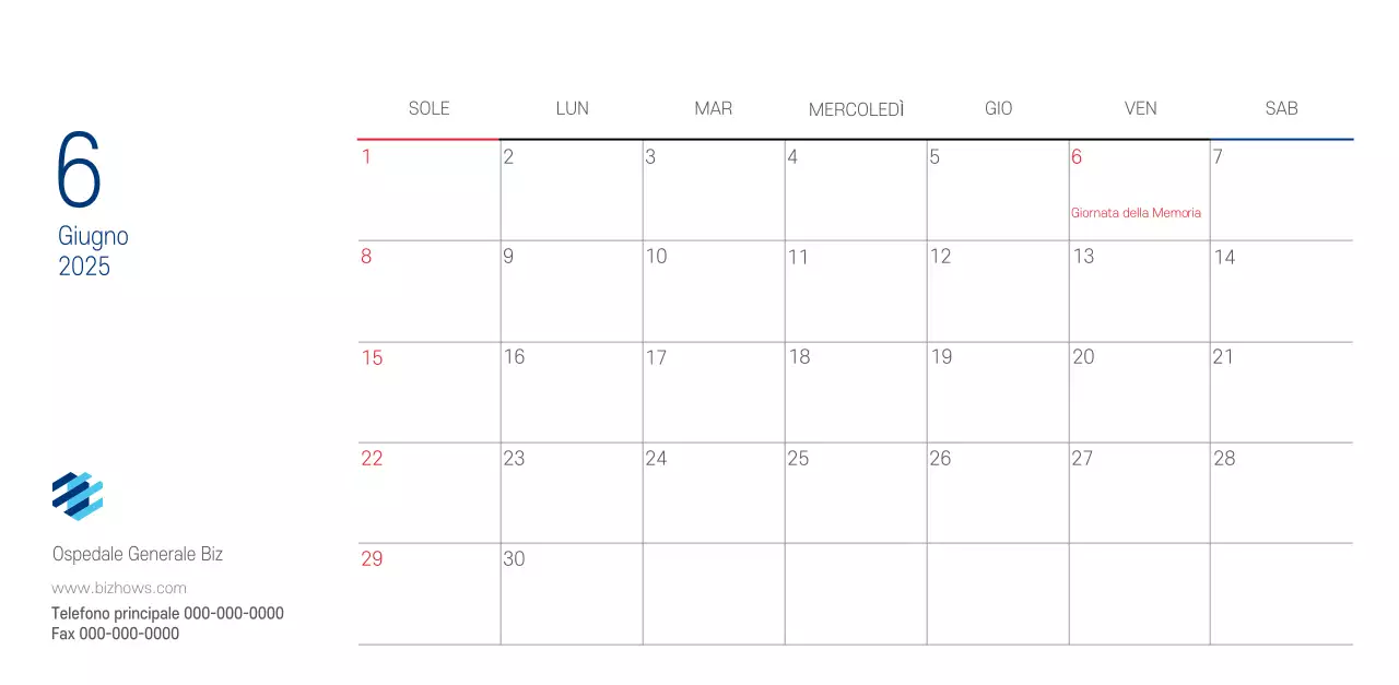 Calendario promozionale dell'ospedale semplice, bianco e blu