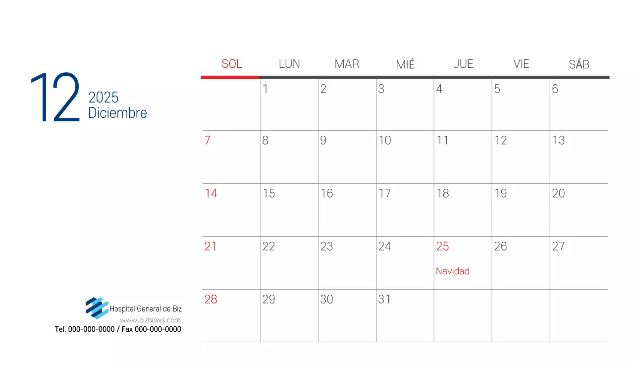 Calendario promocional Hospital Navy White Simple