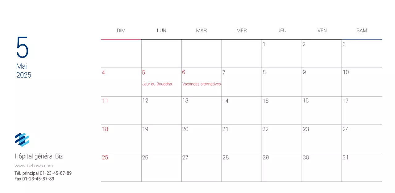 Calendrier promotionnel d'hôpital simple blanc marine