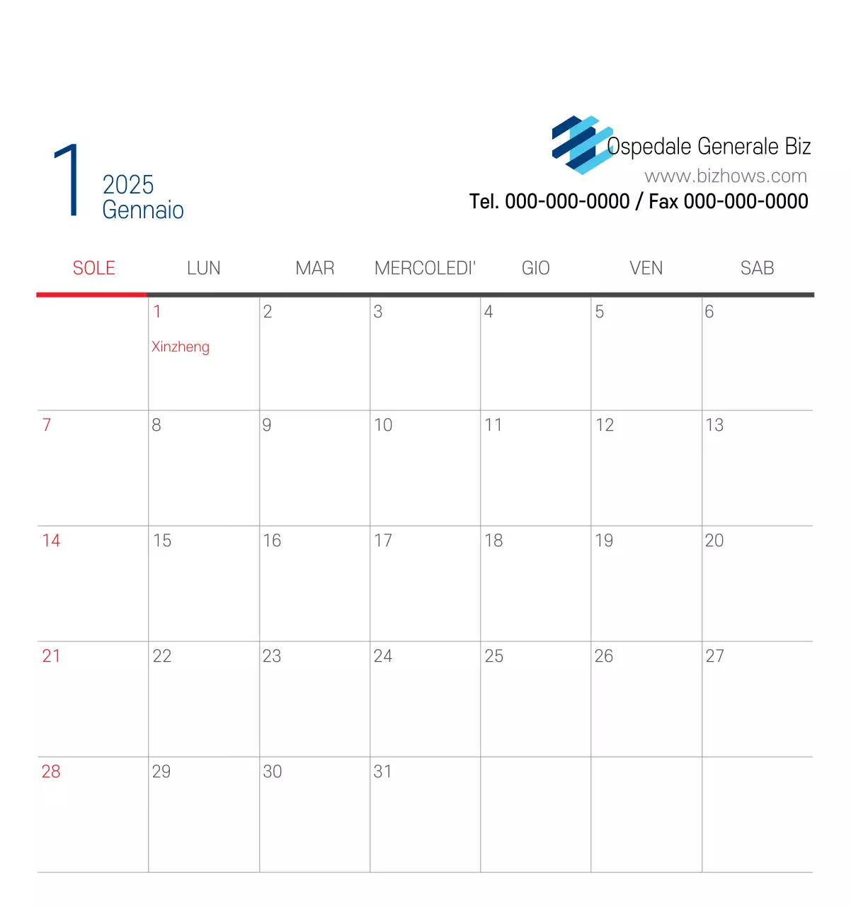 Calendario promozionale dell'ospedale semplice, bianco e blu
