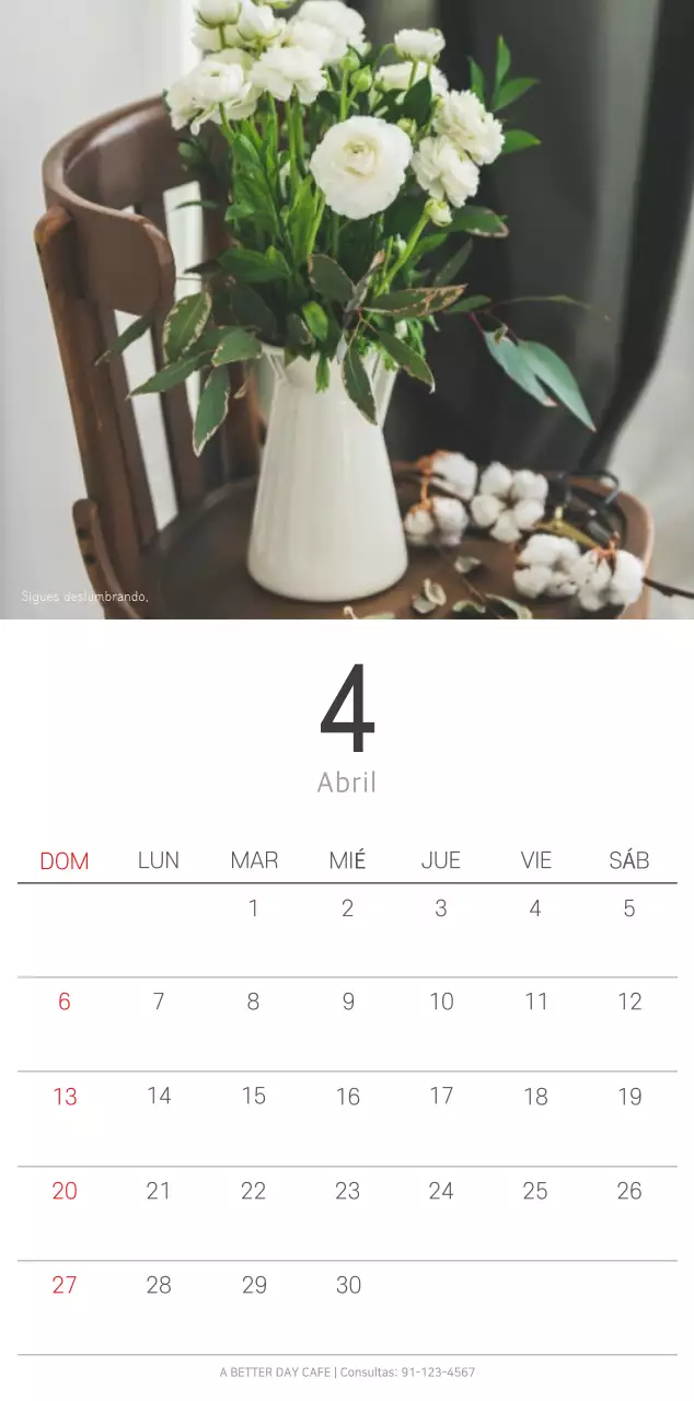 Calendario blanco de naturaleza botánica limpia