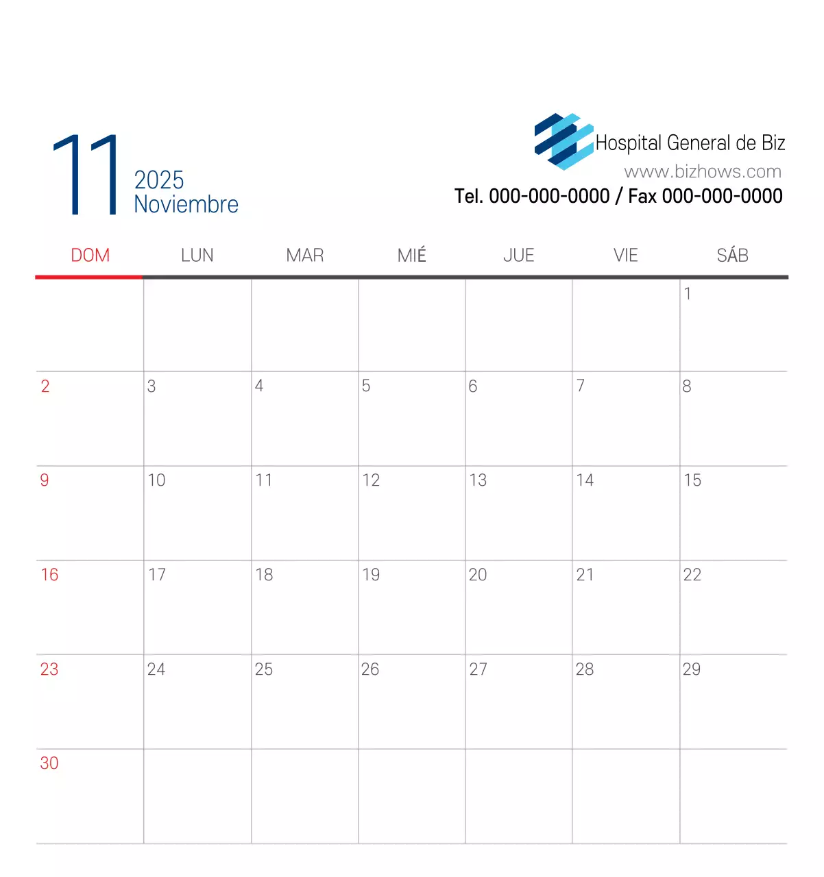 Calendario promocional Hospital Navy White Simple