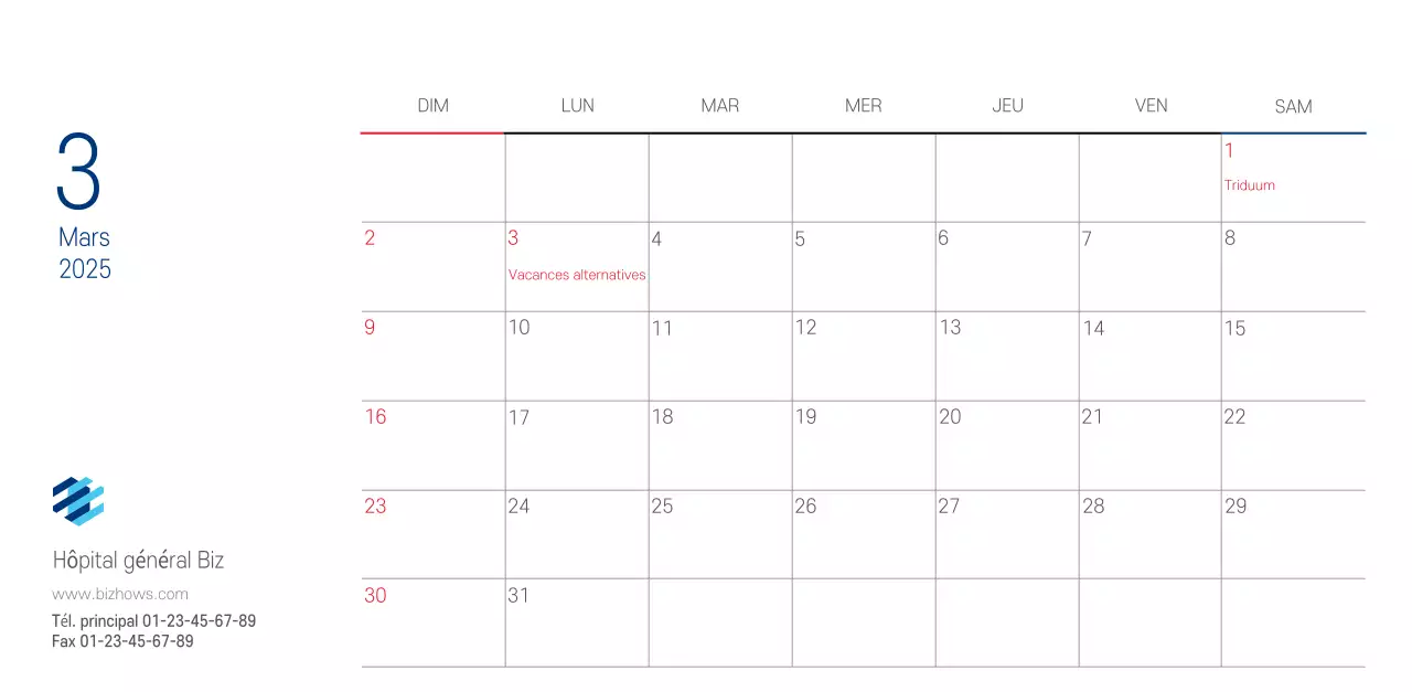 Calendrier promotionnel d'hôpital simple blanc marine