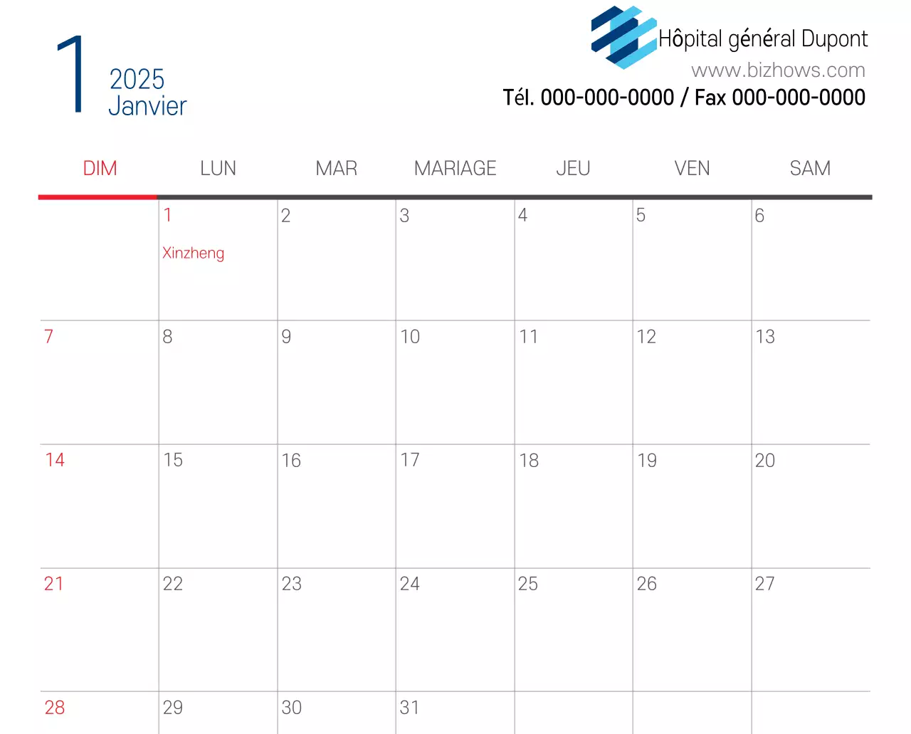 Calendrier promotionnel d'hôpital simple blanc marine