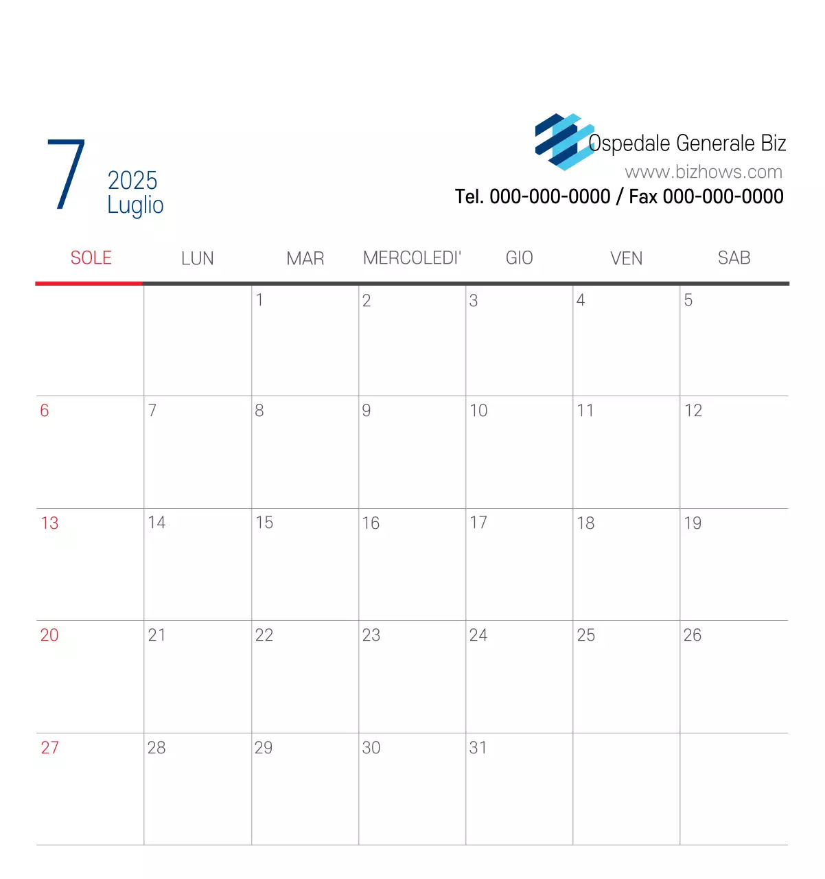 Calendario promozionale dell'ospedale semplice, bianco e blu