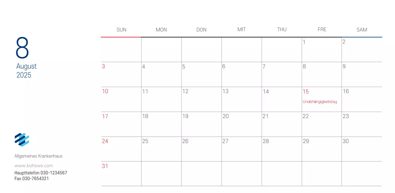 Marineblauer einfacher Krankenhaus-Werbekalender