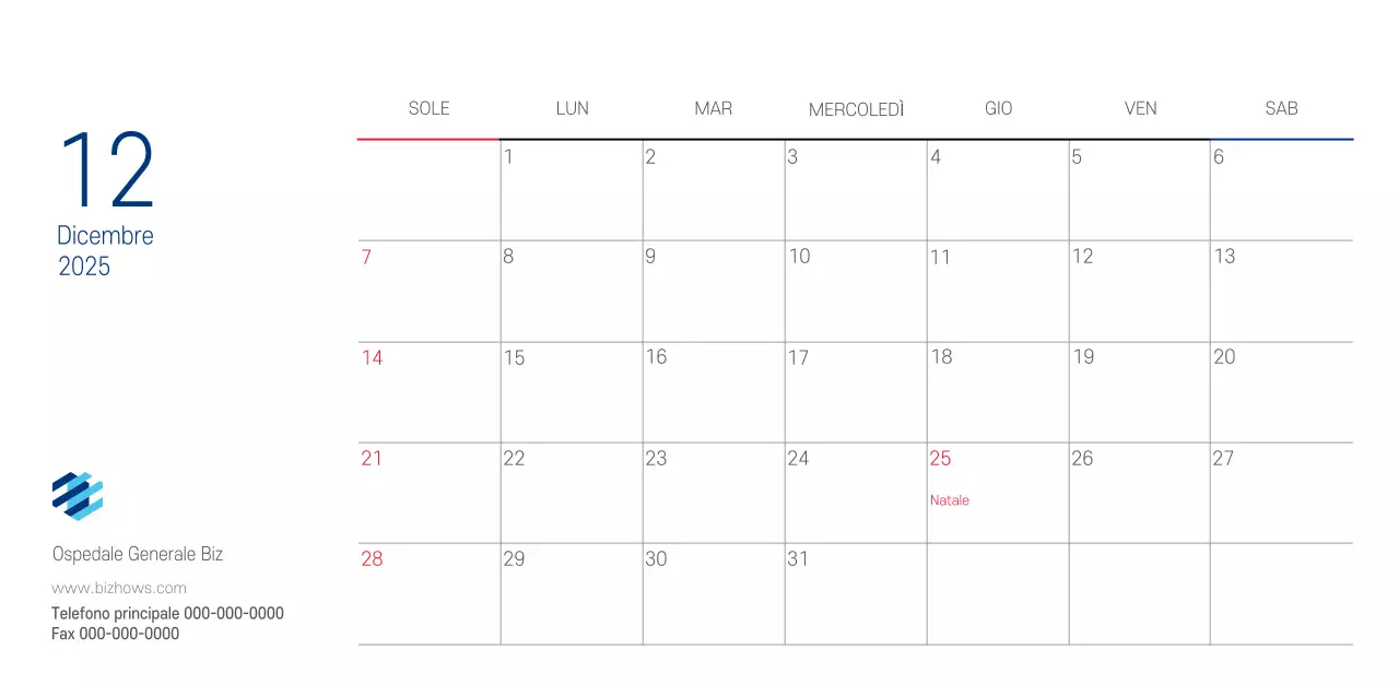 Calendario promozionale dell'ospedale semplice, bianco e blu