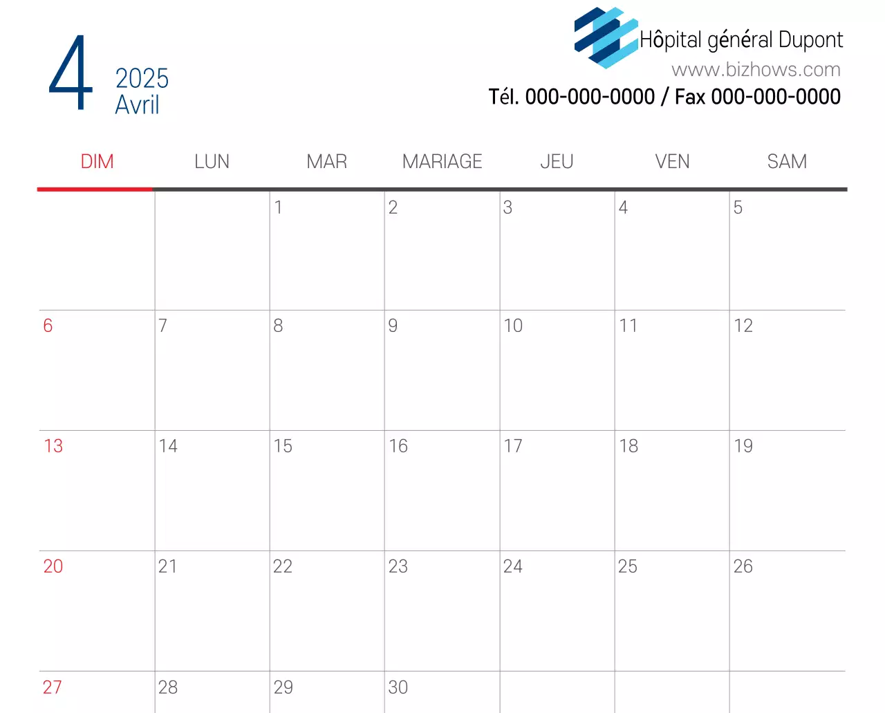 Calendrier promotionnel d'hôpital simple blanc marine