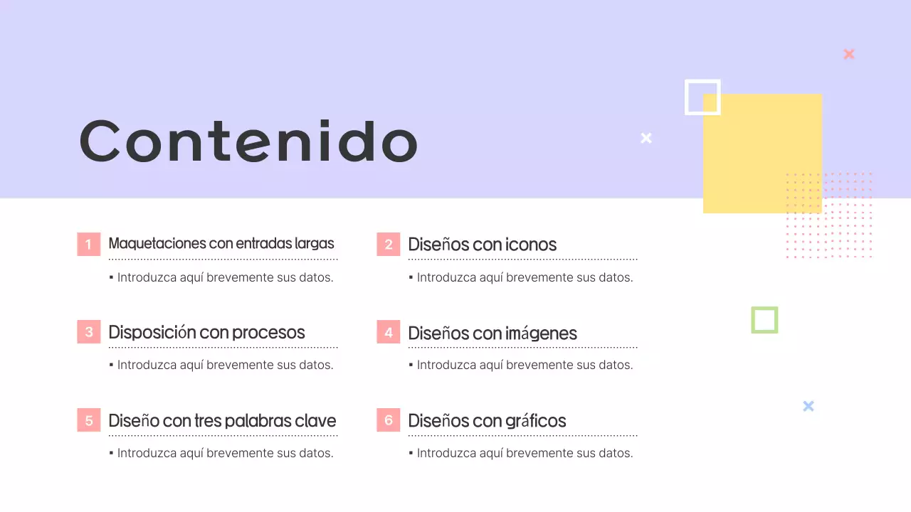 Prospecto con formas sencillas en morado y gris