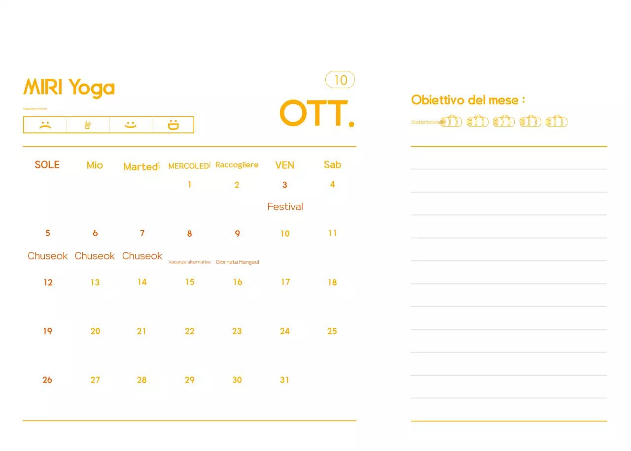 Calendario promozionale arancione dello yoga minimalista