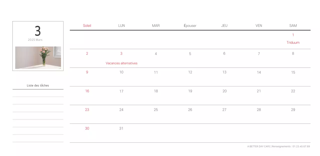 Calendrier botanique blanc et propre