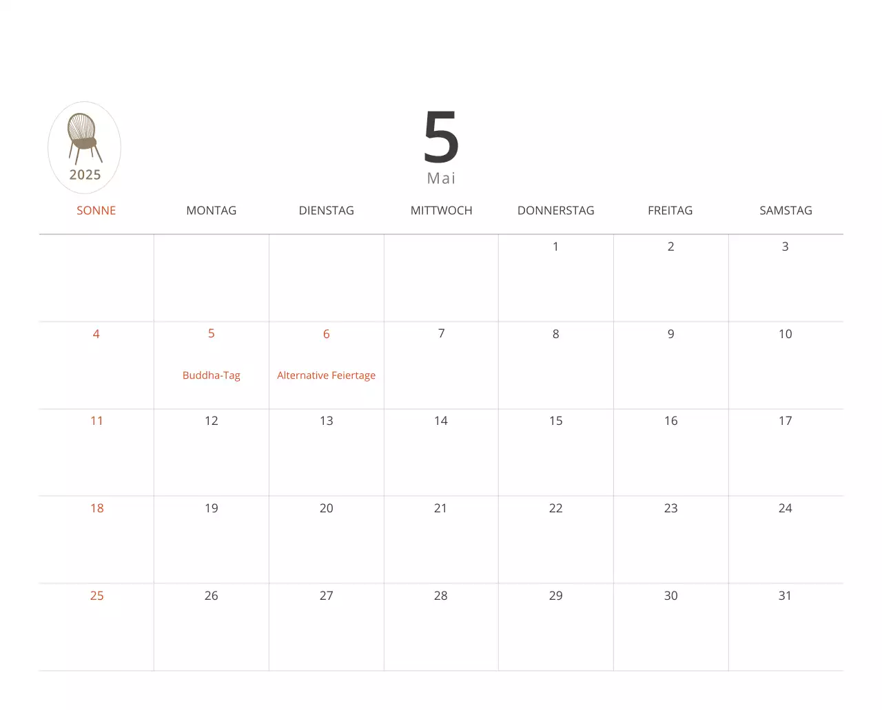 Beigefarbener minimalistischer Innenkalender