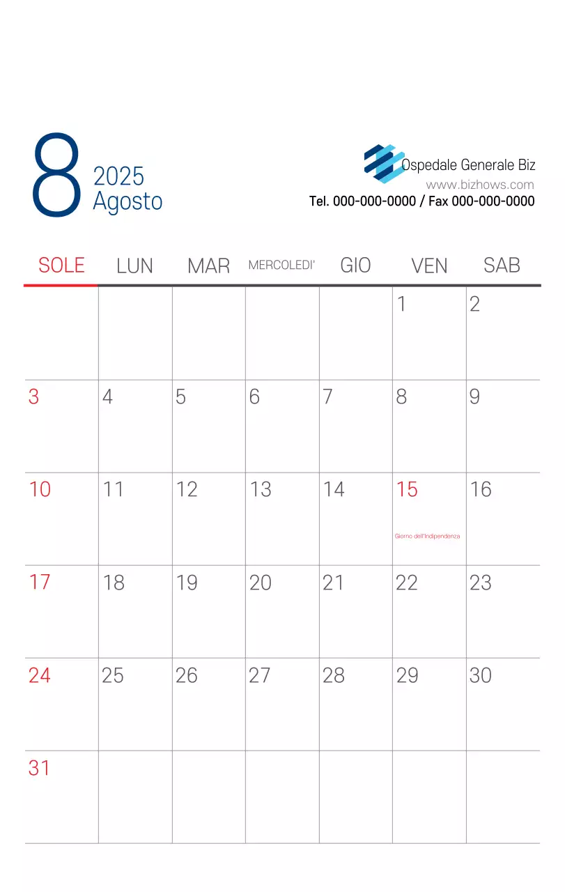 Calendario promozionale dell'ospedale semplice, bianco e blu
